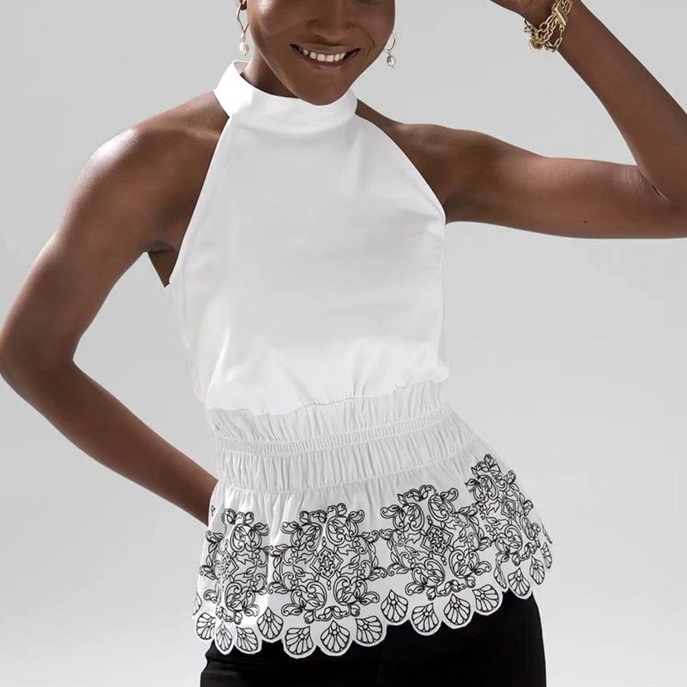 WHBM POPLIN CUT-OUT HALTER TOP - Picture 2 of 6